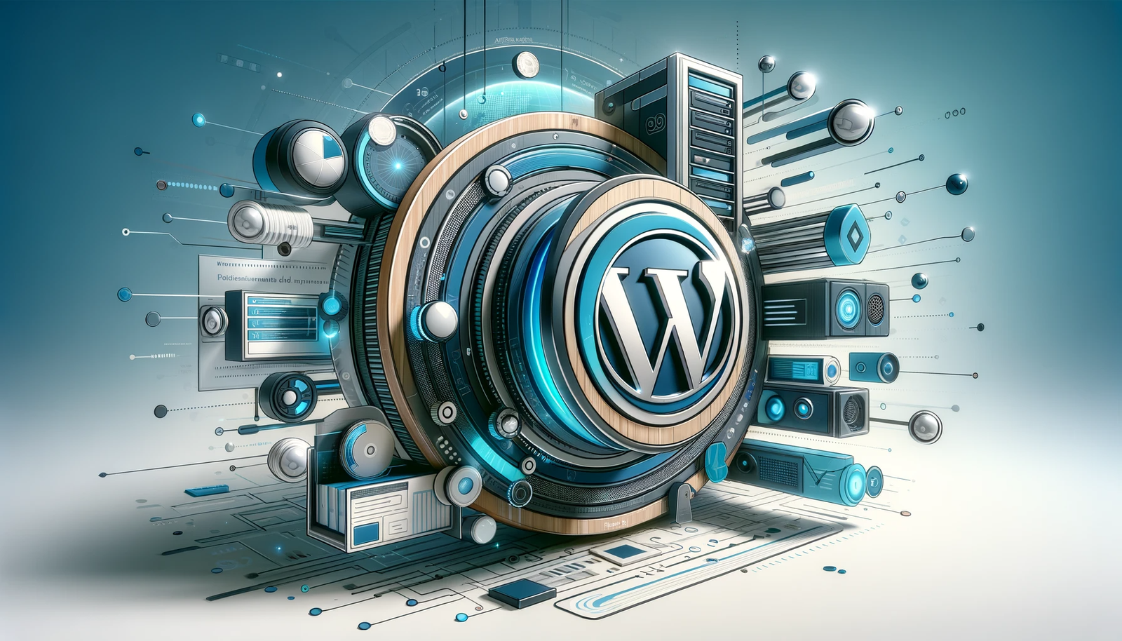 Ein horizontales Bild, das Terraherz WordPress darstellt, betont moderne Webtechnologie und Hosting. Das Design kombiniert Blau, Silber und Grün, symbolisiert hochmoderne digitale Umgebungen und integriert subtil das WordPress-Logo.