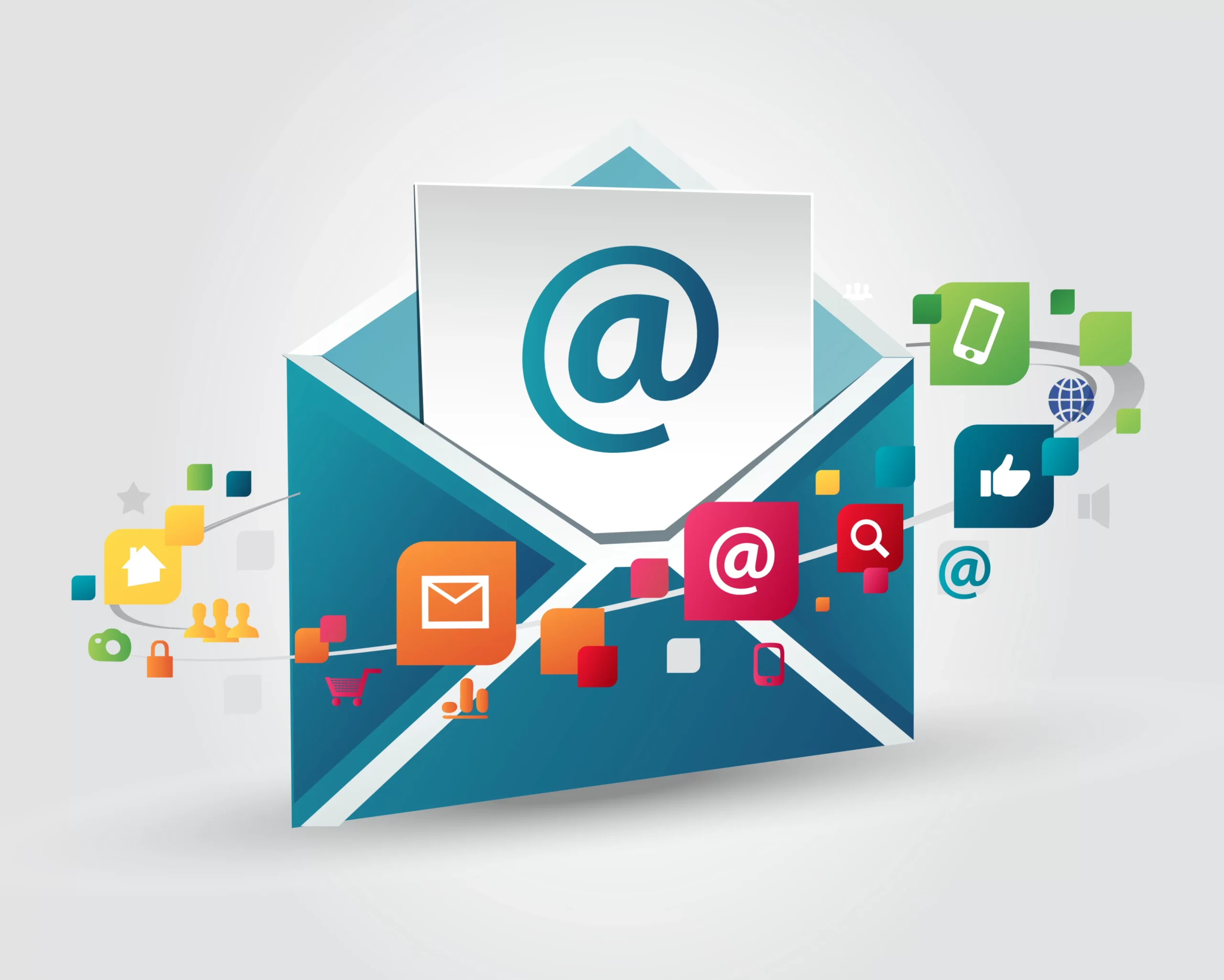 A vibrant illustration of an open envelope with the '@' symbol, signifying email communication, surrounded by icons of social media, shopping, security, and technology. This image represents the seamless integration of email marketing and social media tools with European web hosting services, highlighting the importance of comprehensive digital marketing strategies in today's web technology landscape. Ideal for businesses looking to enhance their online presence with robust hosting and marketing solutions in Europe.