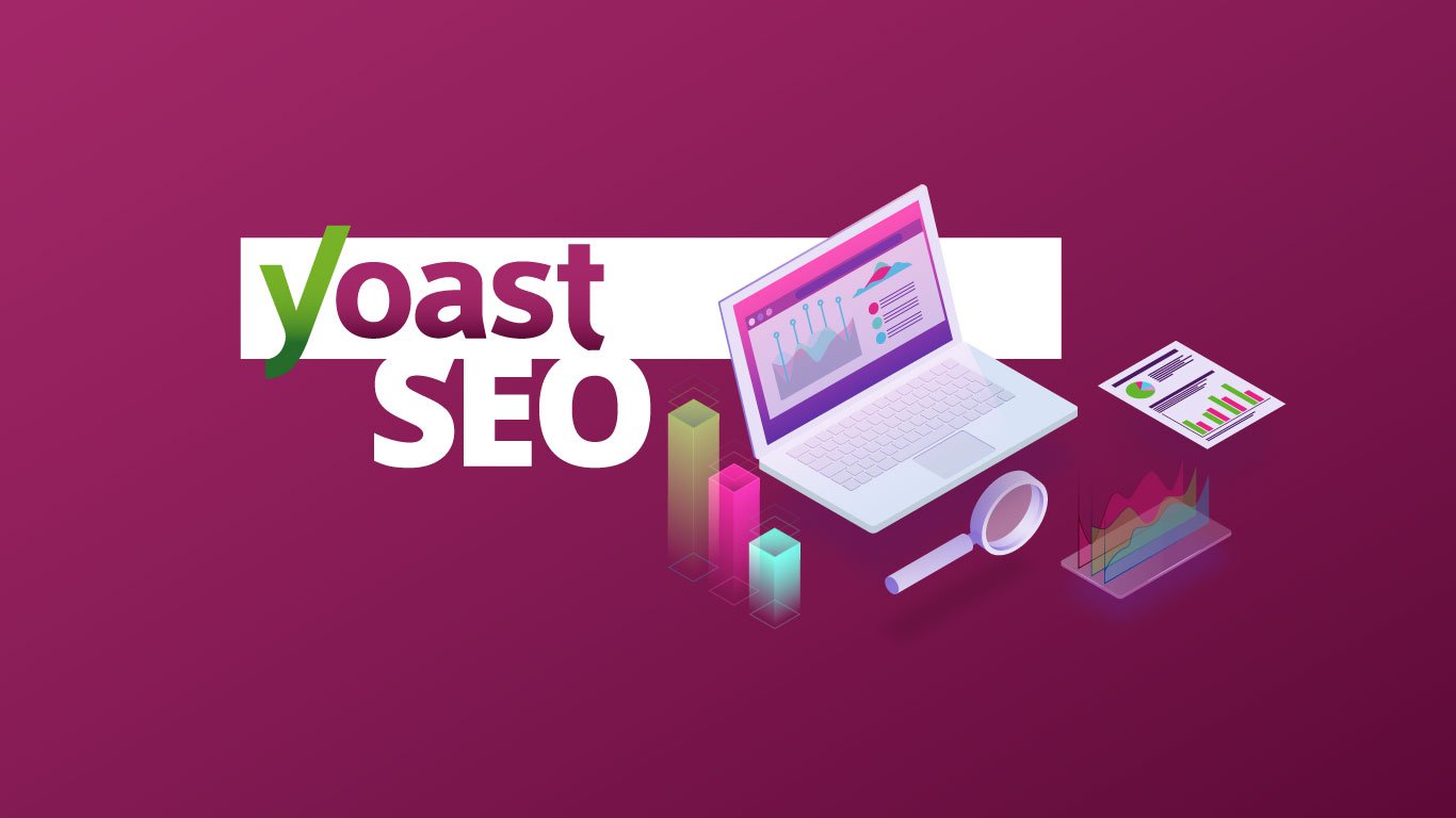 Yoast SEO-Logo mit visuellen Analysen und Laptop, zentrale Tools für die Suchmaschinenoptimierung und Webseitenperformance auf einem purpurfarbenen Hintergrund.