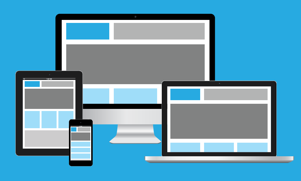 Abbildung verschiedener Geräte mit einer responsiven WordPress-Startseite, die eine optimierte Ansicht auf Desktop, Laptop, Tablet und Smartphone zeigt.