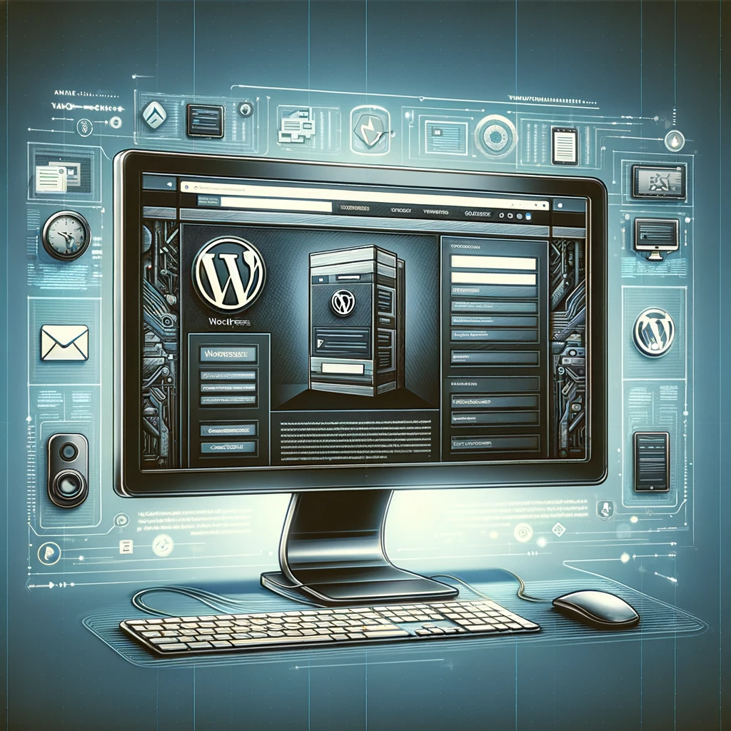 Webseitendesign-Konzept mit WordPress und dem Avada-Theme, dargestellt als benutzerfreundliche Schnittstelle, anpassbare Module, Social-Media-Integration und ein klares, professionelles Design auf einem Monitor. Elemente der Webentwicklung und des Hostings im Hintergrund.